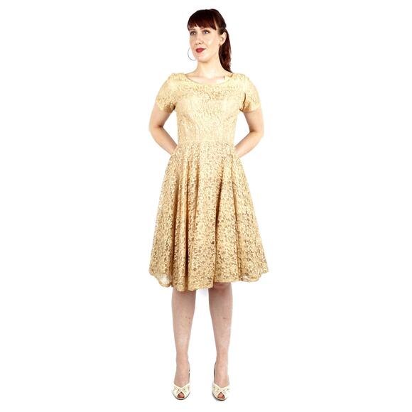 Vintage 1950s Gold Lace Circle Skirt Dress | Medium - Picture 2 of 5